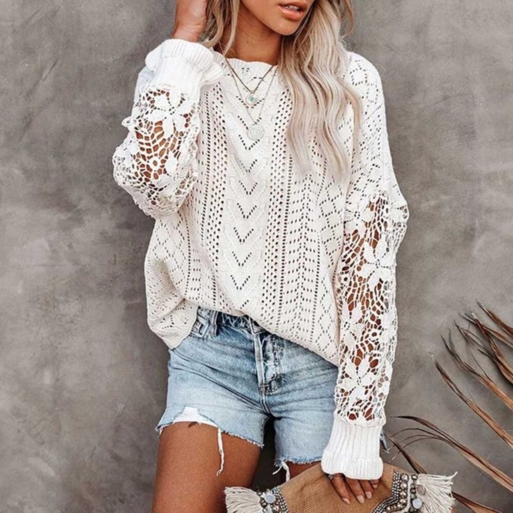 New Feminine Lace Detail Pullover Sweater Blouse